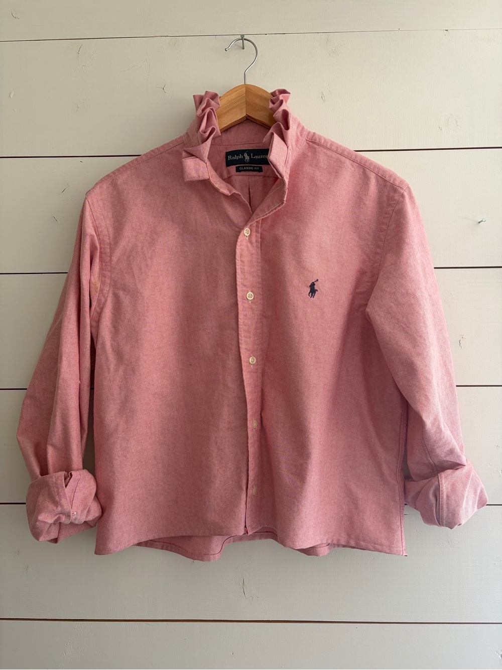 Viral Reworked Upcycled RALPH LAUREN Red Shirt Ruffle Collar, Large